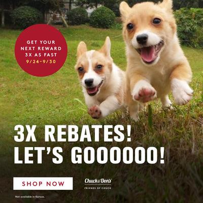 Two little puppies running as fast as they can up grass towards the camera. 3X Rebates! Let's Goooooo!Get your next reward 3X as fast 9/24-9/30. Shop Now