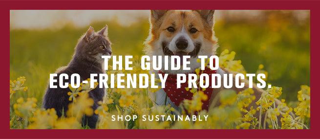 An image of a field of yellow flowers with a cat and a dog smiling. The guide to eco-friendly products. Shop Sustainably