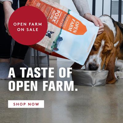 A basset hound eating open farm dog food out of a silver bowl while the owner is pouring in open farm food from the bag. A TASTE OF OPEN FARM.  enjoy Open Farm deals all month long